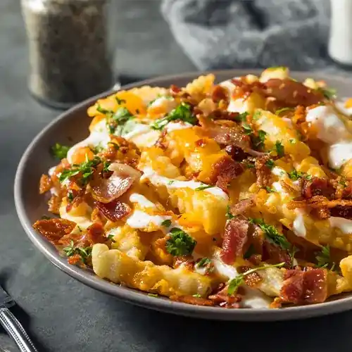 fries topped with cheese, bacon, ranch, and garnish
