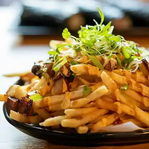 fresh fries on a plate with steak, cheese sauce, and cilantro garnish