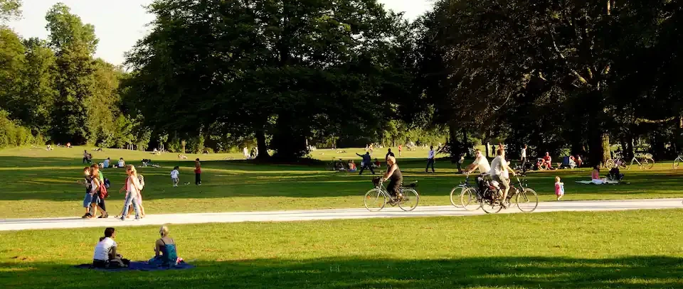 A park with people walking and biking along a trail while others having a picnic