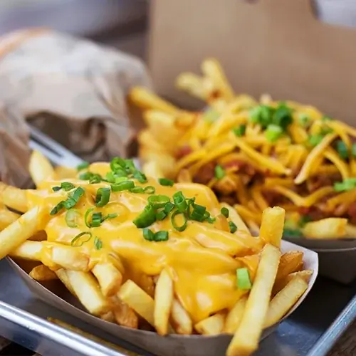 tray with fries covered in cheese, topped with green onion, and another set of fries topped with shredded cheese, chili, and green onion